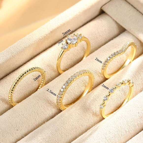 Stackable Gold Rings Brass 14K Plated Cubic Zirconia Dainty Trendy for Women - Picture 3 of 6